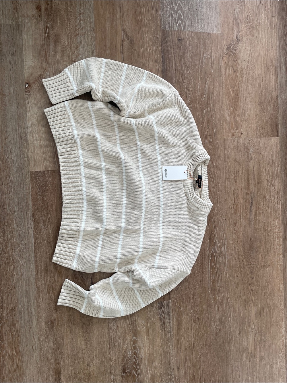 Quince Cream and White Striped Crewneck Sweater